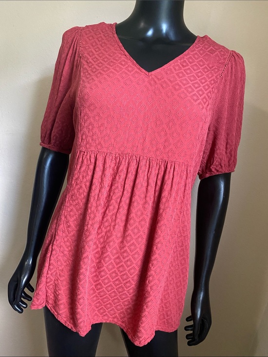 My Danielle Tops - V-Neck Red Babydoll Tunic with Puff Sleeves